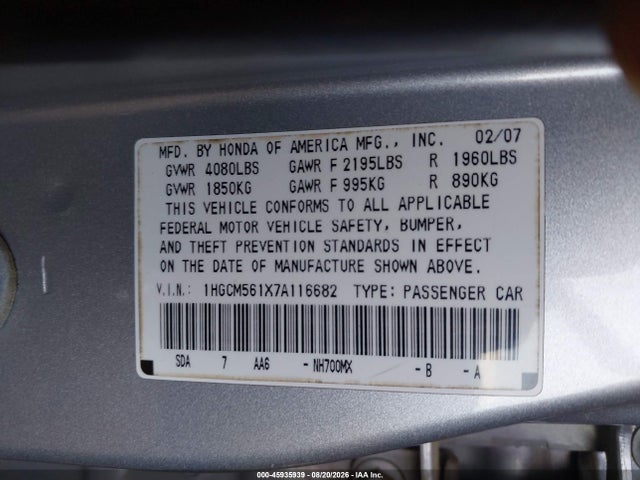 Продажа на аукционе авто 2007 Honda Accord 2.4 Vp, vin: 1HGCM561X7A116682, номер лота: 45935939