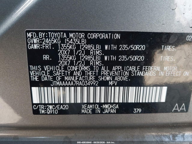 2024 Toyota Bz4x Xle/limited მანქანა იყიდება აუქციონზე, vin: JTMAAAAA7RA034992, აუქციონის ნომერი: 45935948