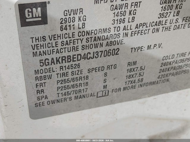 45935951 :رقم المزاد ، 5GAKRBED4CJ370602 vin ، 2012 Buick Enclave Convenience مزاد بيع