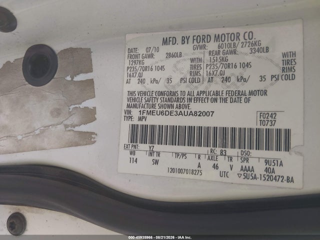 Продаж на аукціоні авто 2010 Ford Explorer Xlt, vin: 1FMEU6DE3AUA82007, номер лоту: 45935966