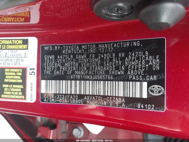 Toyota CAMRY LE 2018 4T1B11HKXJU565766 Image 9
