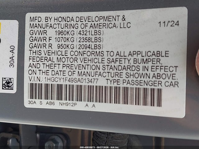 Honda ACCORD SE 2025 1HGCY1F49SA013477 Image 9