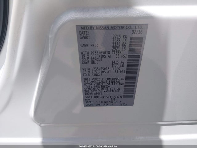 Aukcja sprzedaży 2016 Infiniti Qx60, vin: 5N1AL0MN9GC505508, numer aukcji: 45935976