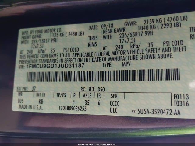 45935988 :رقم المزاد ، 1FMCU9GD1JUD31187 vin ، 2018 Ford Escape Se مزاد بيع