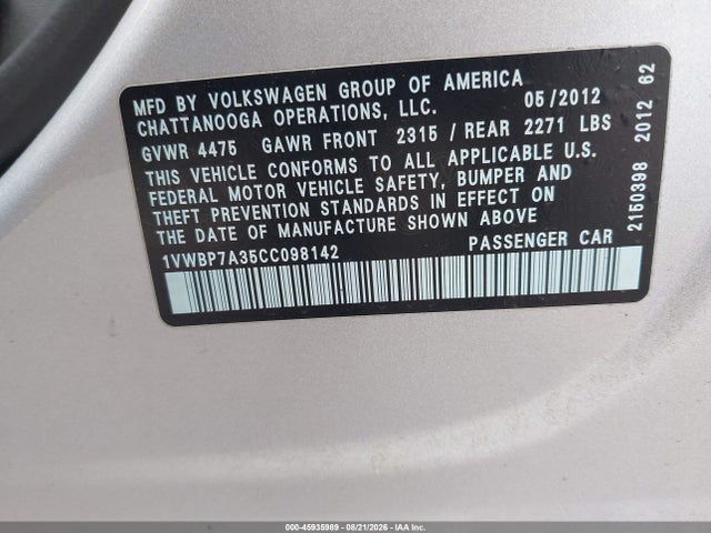 Продаж на аукціоні авто 2012 Volkswagen Passat 2.5l Se, vin: 1VWBP7A35CC098142, номер лоту: 45935989