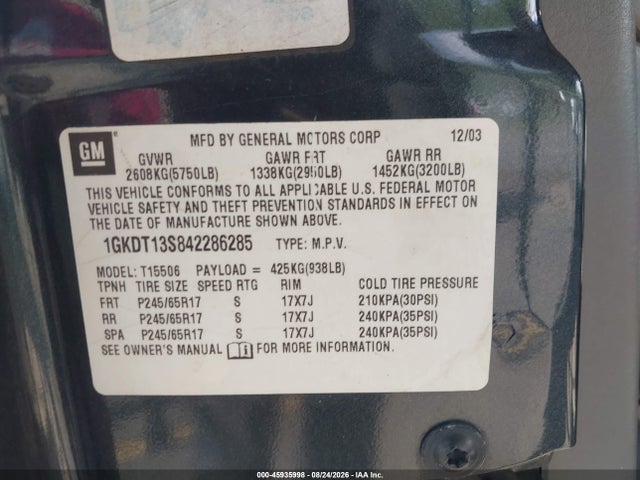 Aukcja sprzedaży 2004 Gmc Envoy Slt, vin: 1GKDT13S842286285, numer aukcji: 45935998
