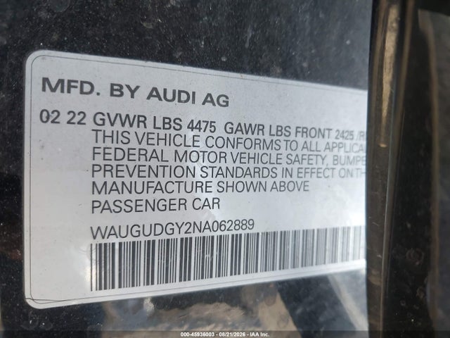 45936003 :رقم المزاد ، WAUGUDGY2NA062889 vin ، 2022 Audi A3 Premium 40 Tfsi Quattro S Tronic مزاد بيع
