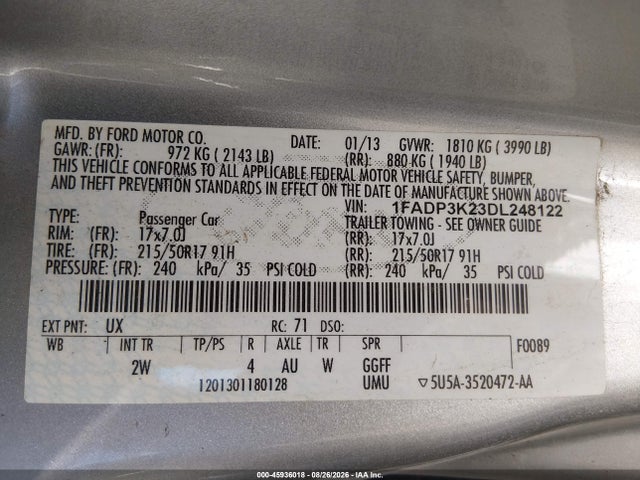 2013 Ford Focus Se მანქანა იყიდება აუქციონზე, vin: 1FADP3K23DL248122, აუქციონის ნომერი: 45936018