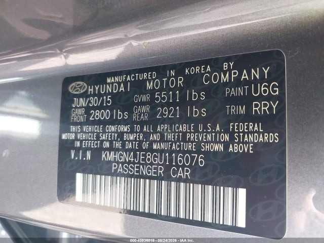 2016 Hyundai Genesis 3.8 მანქანა იყიდება აუქციონზე, vin: KMHGN4JE8GU116076, აუქციონის ნომერი: 45936019