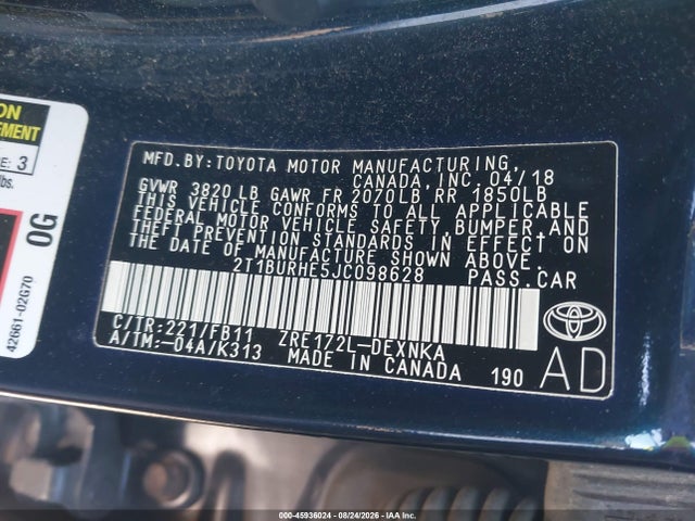 Toyota COROLLA LE 2018 2T1BURHE5JC098628 Image 9