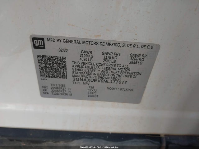 2022 Chevrolet Equinox Awd Lt მანქანა იყიდება აუქციონზე, vin: 3GNAXUEV0NL177077, აუქციონის ნომერი: 45936034