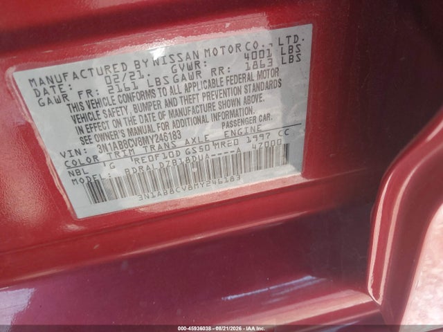2021 Nissan Sentra Sv Xtronic Cvt მანქანა იყიდება აუქციონზე, vin: 3N1AB8CV8MY246183, აუქციონის ნომერი: 45936038
