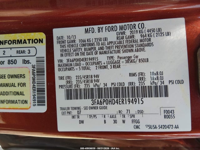 2014 Ford Fusion Se მანქანა იყიდება აუქციონზე, vin: 3FA6P0HD4ER194915, აუქციონის ნომერი: 45936039