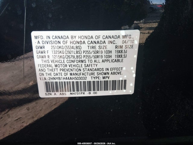 Aukcja sprzedaży 2010 Acura Zdx, vin: 2HNYB1H44AH503032, numer aukcji: 45936057
