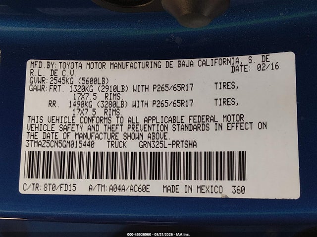 Продаж на аукціоні авто 2016 Toyota Tacoma Trd Sport, vin: 3TMAZ5CN5GM015440, номер лоту: 45936060