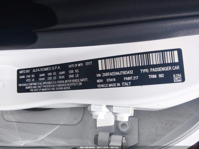 Продажа на аукционе авто 2018 Alfa Romeo Giulia Ti Lusso Awd, vin: ZARFAEEN4J7563432, номер лота: 45936064