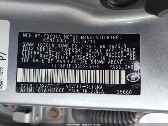 Продажа на аукционе авто 2016 Toyota Camry Se, vin: 4T1BF1FK0GU245675, номер лота: 45936067