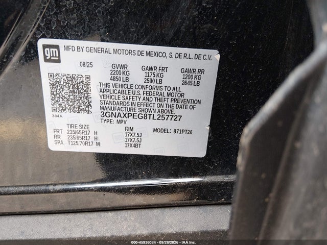 Продажа на аукционе авто 2026 Chevrolet Equinox Awd Lt, vin: 3GNAXPEG8TL257727, номер лота: 45936084