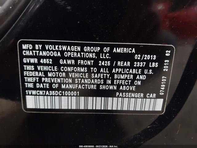 Продаж на аукціоні авто 2013 Volkswagen Passat 2.0l Tdi Sel Premium, vin: 1VWCN7A35DC100001, номер лоту: 45936088