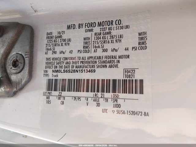45936089 :رقم المزاد ، NM0LS6S28N1513469 vin ، 2022 Ford Transit Connect Xl مزاد بيع