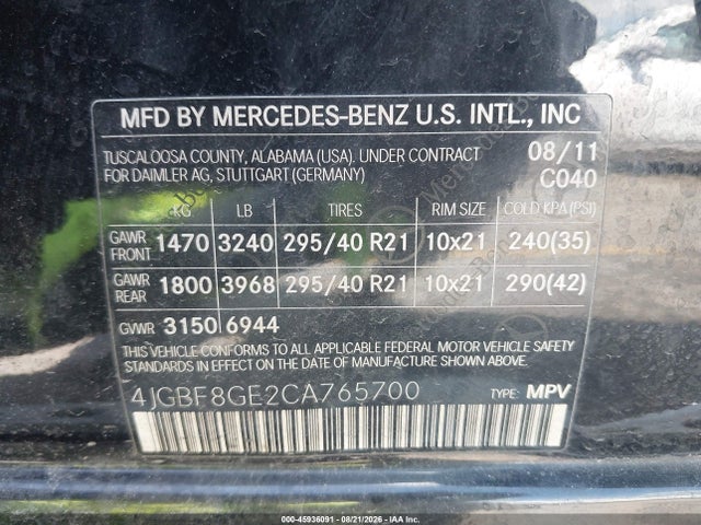 45936091 :رقم المزاد ، 4JGBF8GE2CA765700 vin ، 2012 Mercedes-benz Gl 550 4matic مزاد بيع
