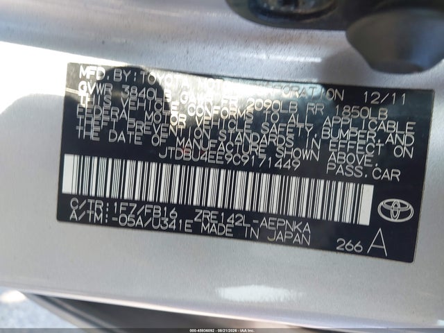 45936092 :رقم المزاد ، JTDBU4EE9C9171449 vin ، 2012 Toyota Corolla Le مزاد بيع