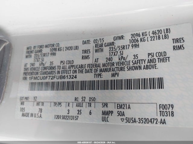 45936107 :رقم المزاد ، 1FMCU0F72FUB61324 vin ، 2015 Ford Escape S مزاد بيع
