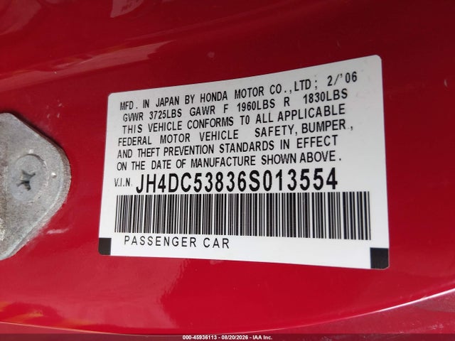 Продаж на аукціоні авто 2006 Acura Rsx, vin: JH4DC53836S013554, номер лоту: 45936113