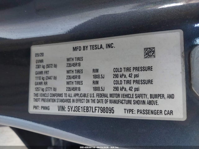 45936114 :رقم المزاد ، 5YJ3E1EB7LF798095 vin ، 2020 Tesla Model 3 Long Range Dual Motor All-wheel Drive مزاد بيع