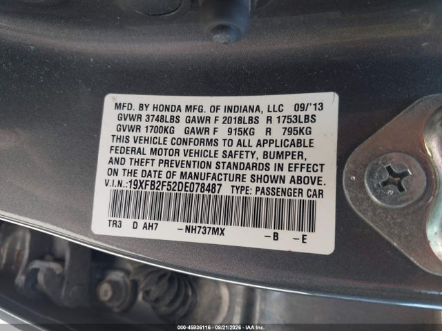 Aukcja sprzedaży 2013 Honda Civic Lx, vin: 19XFB2F52DE078487, numer aukcji: 45936116
