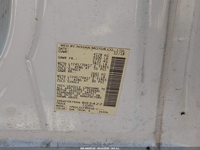 2019 Nissan Nv Cargo Nv2500 Hd Sv V8 მანქანა იყიდება აუქციონზე, vin: 1N6AF0KY6KN803422, აუქციონის ნომერი: 45936129
