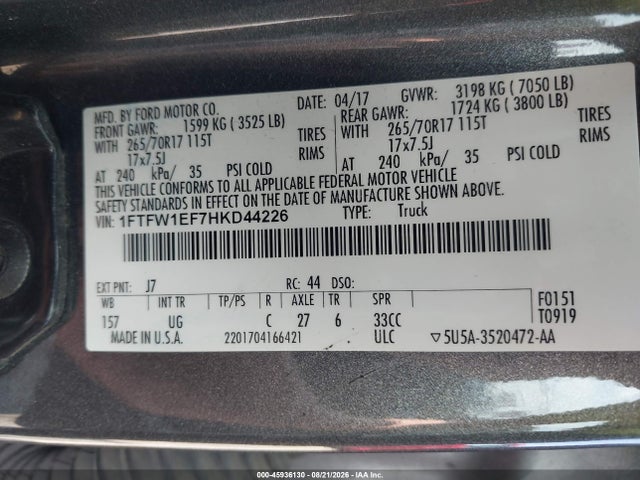 Продаж на аукціоні авто 2017 Ford F-150 Xlt, vin: 1FTFW1EF7HKD44226, номер лоту: 45936130