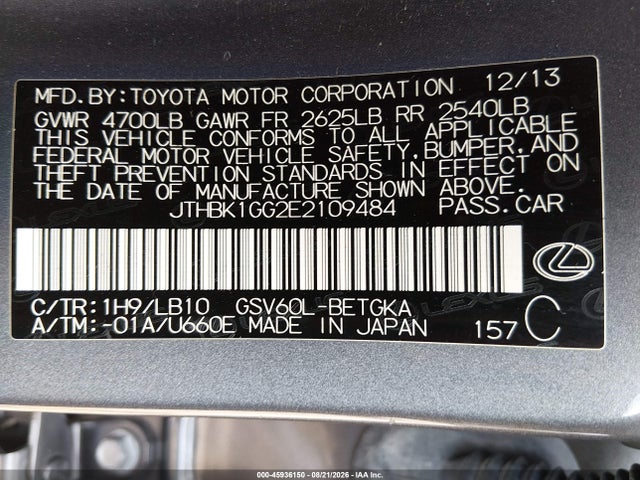 45936150 :رقم المزاد ، JTHBK1GG2E2109484 vin ، 2014 Lexus Es 350 مزاد بيع