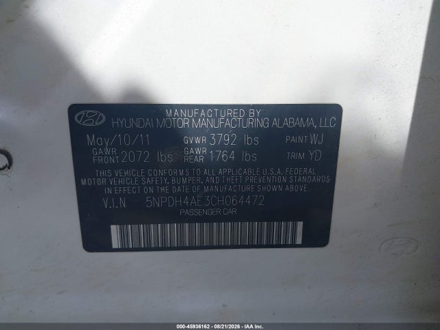 45936162 :رقم المزاد ، 5NPDH4AE3CH064472 vin ، 2012 Hyundai Elantra Gls مزاد بيع