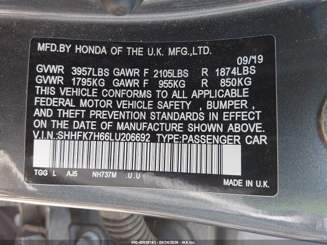Продаж на аукціоні авто 2020 Honda Civic Ex, vin: SHHFK7H66LU206692, номер лоту: 45936163