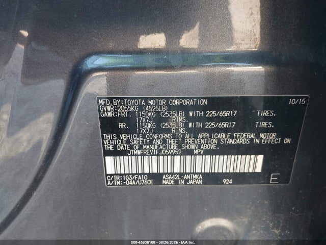 45936168 :رقم المزاد ، JTMWFREV1FJ059952 vin ، 2015 Toyota Rav4 Xle مزاد بيع