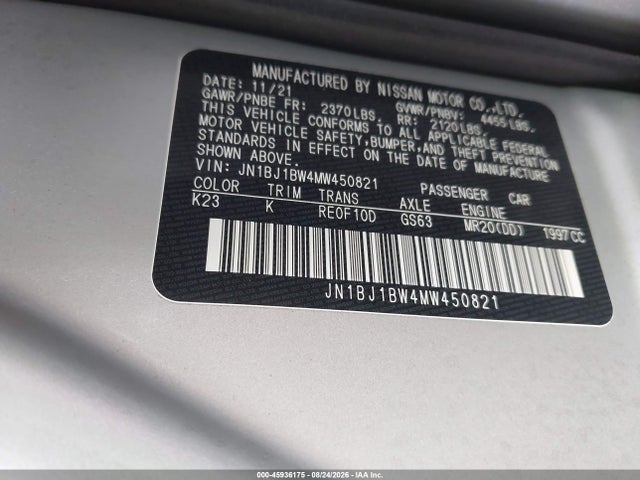45936175 :رقم المزاد ، JN1BJ1BW4MW450821 vin ، 2021 Nissan Rogue Sport Sv Awd Xtronic Cvt مزاد بيع