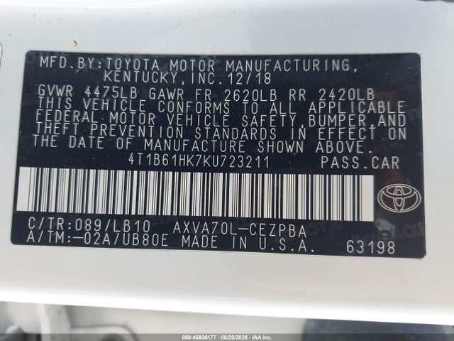 4T1B61HK7KU723211 Toyota CAMRY XSE