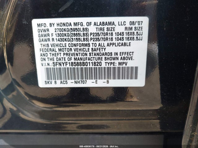 2008 Honda Pilot Ex-l მანქანა იყიდება აუქციონზე, vin: 5FNYF18588B011820, აუქციონის ნომერი: 45936178