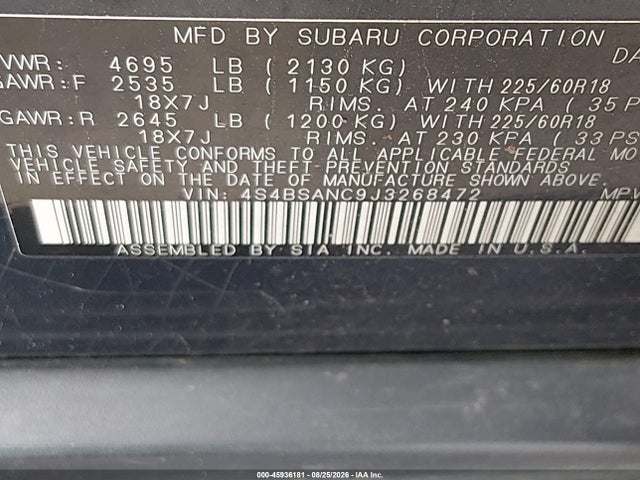 Subaru Outback 2.5i Limited 2018 4S4BSANC9J3268472 Image 9