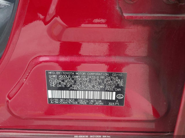 45936190 :رقم المزاد ، JTHBE5C2XA5024362 vin ، 2010 Lexus Is 350 مزاد بيع