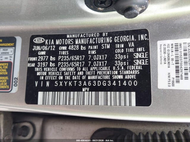 Продажа на аукционе авто 2013 Kia Sorento Lx, vin: 5XYKT3A63DG341400, номер лота: 45936203
