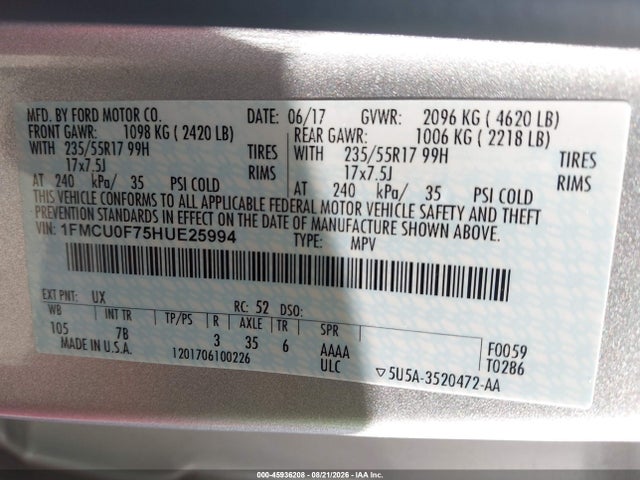 Продажа на аукционе авто 2017 Ford Escape S, vin: 1FMCU0F75HUE25994, номер лота: 45936208