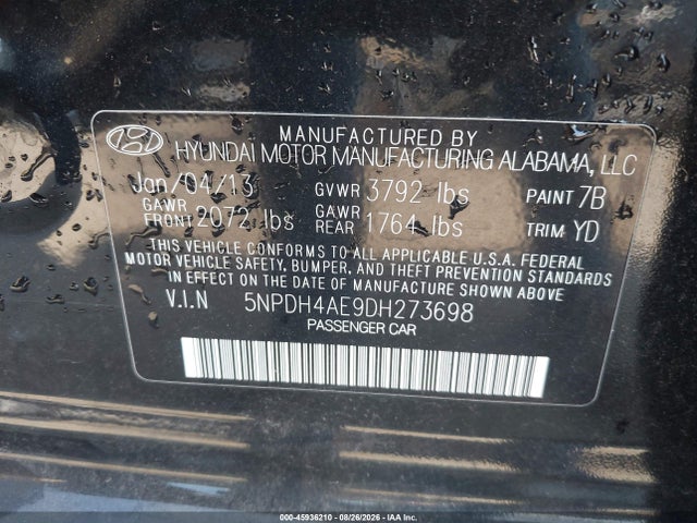 45936210 :رقم المزاد ، 5NPDH4AE9DH273698 vin ، 2013 Hyundai Elantra Gls مزاد بيع