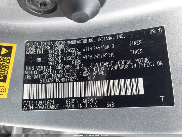 Toyota Highlander Se/xle 2017 5TDJZRFH0HS478777 Image 9