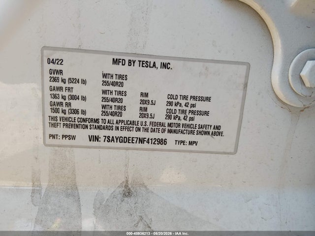 Продаж на аукціоні авто 2022 Tesla Model Y Long Range Dual Motor All-wheel Drive, vin: 7SAYGDEE7NF412986, номер лоту: 45936213