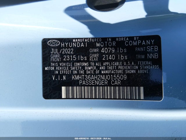 Продаж на аукціоні авто 2022 Hyundai Veloster N, vin: KMHT36AH2NU015509, номер лоту: 45936216