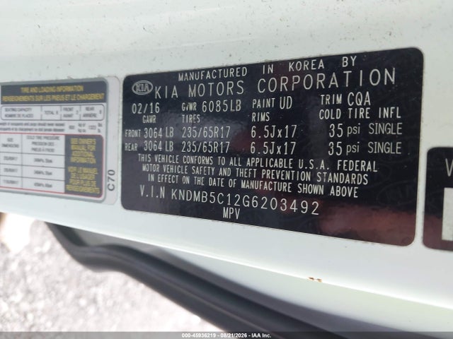 2016 Kia Sedona Lx მანქანა იყიდება აუქციონზე, vin: KNDMB5C12G6203492, აუქციონის ნომერი: 45936219