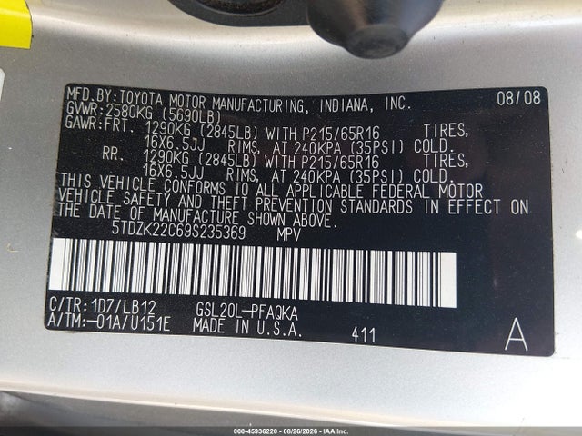 2009 Toyota Sienna Xle მანქანა იყიდება აუქციონზე, vin: 5TDZK22C69S235369, აუქციონის ნომერი: 45936220