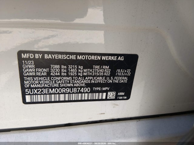 2024 Bmw X7 Xdrive40i მანქანა იყიდება აუქციონზე, vin: 5UX23EM00R9U87490, აუქციონის ნომერი: 45936221